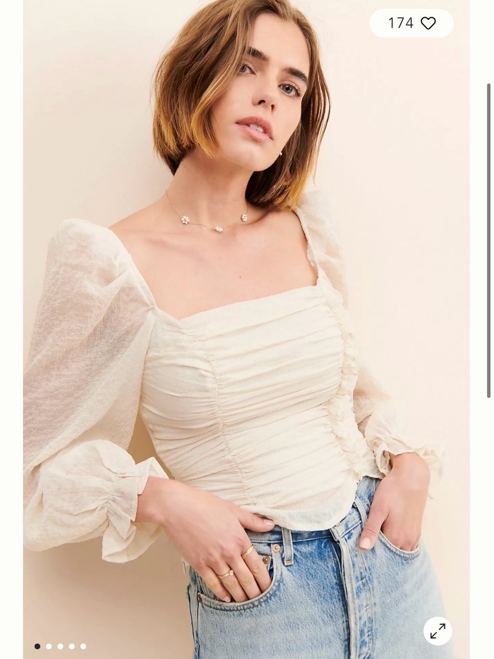 Astr Cream Ruched Square-Neck Puff-Sleeve Blouse
